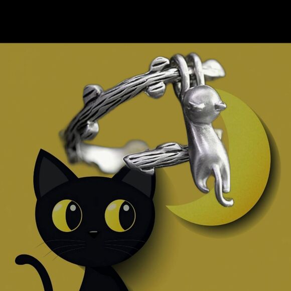 Silver Dangling Cat From Tree Branch Ring Adjustable Kitty - Picture 2 of 9